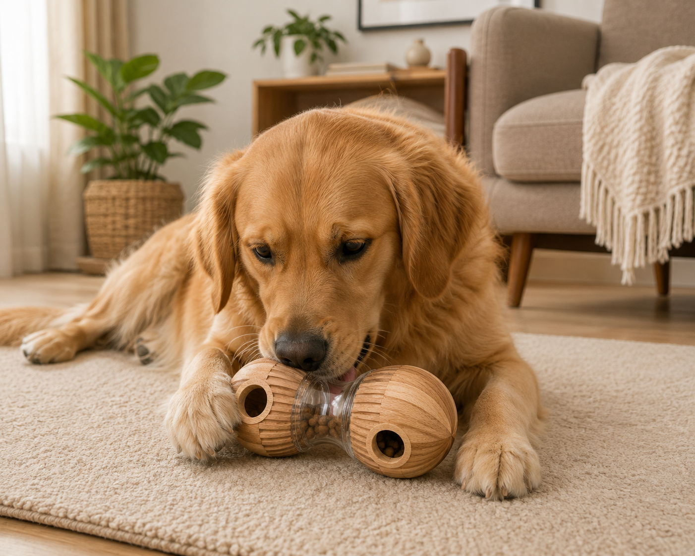 Brown Wooden-Effect Dumbbell Dog Treat Dispenser – Transparent Centre and Side Openings