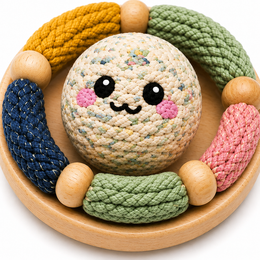 Round Mixed-Texture Dog Activity Toy – Multicolored Rope Pieces and Centre Ball
