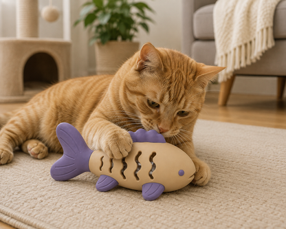 Beige and Purple Fish-Shaped Cat Activity Toy with Wavy Openings