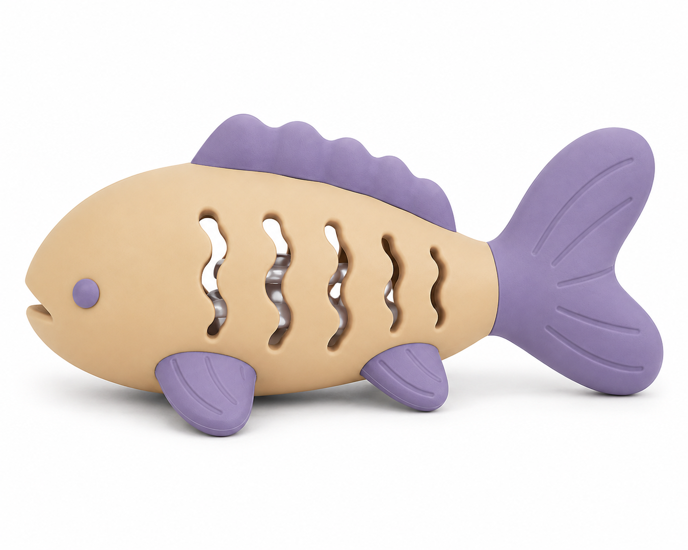 Beige and Purple Fish-Shaped Cat Activity Toy with Wavy Openings