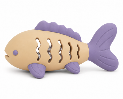 Beige and Purple Fish-Shaped Cat Activity Toy with Wavy Openings
