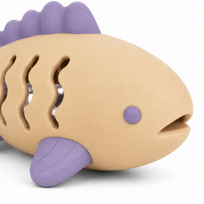 Beige and Purple Fish-Shaped Cat Activity Toy with Wavy Openings