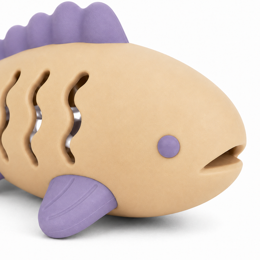 Beige and Purple Fish-Shaped Cat Activity Toy with Wavy Openings