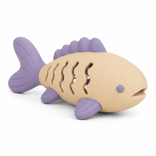 Beige and Purple Fish-Shaped Cat Activity Toy with Wavy Openings