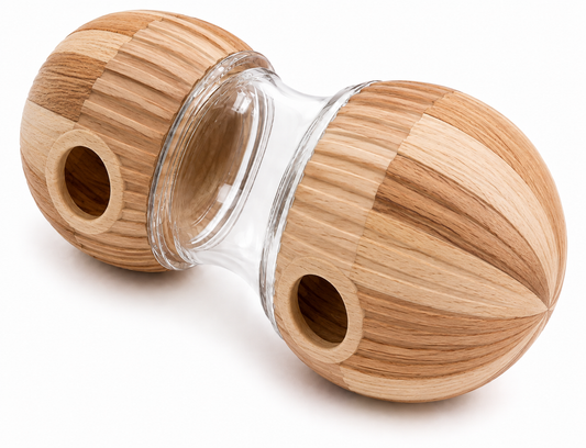 Brown Wooden-Effect Dumbbell Dog Treat Dispenser – Transparent Centre and Side Openings