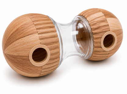 Brown Wooden-Effect Dumbbell Dog Treat Dispenser – Transparent Centre and Side Openings