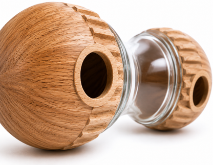 Brown Wooden-Effect Dumbbell Dog Treat Dispenser – Transparent Centre and Side Openings