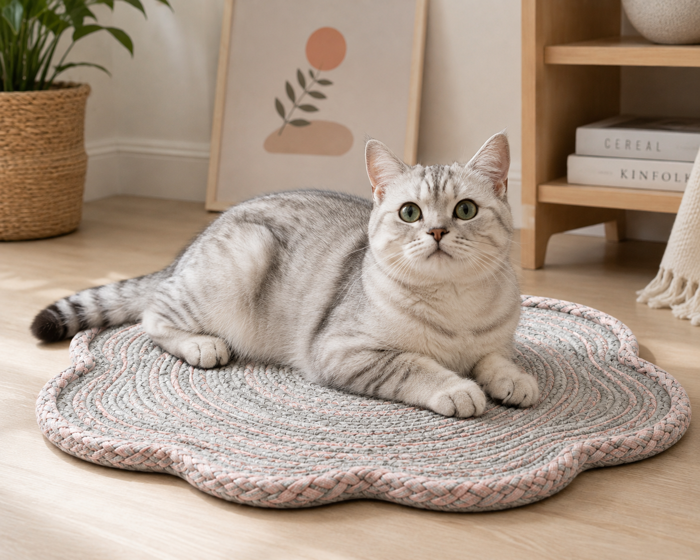 Flower-Shaped Woven Cat Resting Mat – Grey, Pink and Cream