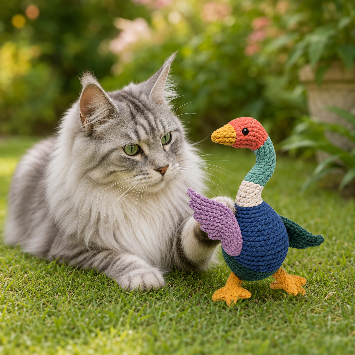 Multicolored Woven Bird-Shaped Cat Toy – Long Neck, Wings and Feet
