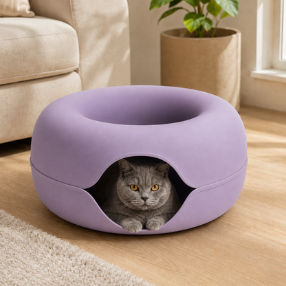 Purple Round Cat Cave Bed – Enclosed Hideaway with Front Entrance and Recessed Top