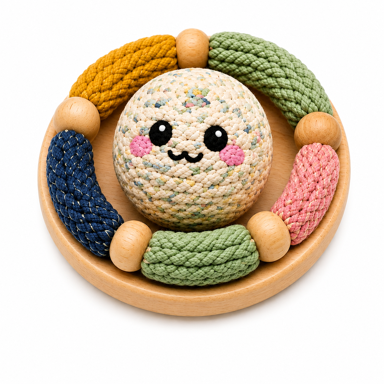 Round Mixed-Texture Dog Activity Toy – Multicolored Rope Pieces and Centre Ball
