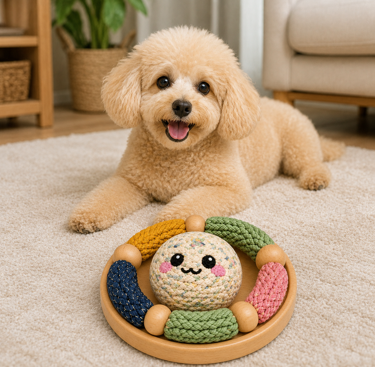 Round Mixed-Texture Dog Activity Toy – Multicolored Rope Pieces and Centre Ball