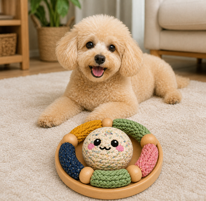 Round Mixed-Texture Dog Activity Toy – Multicolored Rope Pieces and Centre Ball