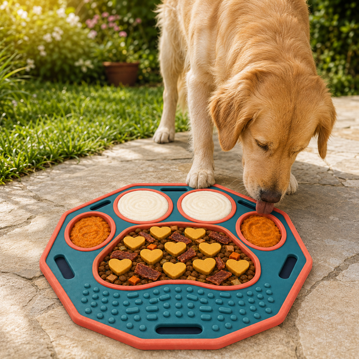 Teal and Coral Multi-Section Dog Feeding Mat – Paw-Shaped Bowl and Textured Licking Area