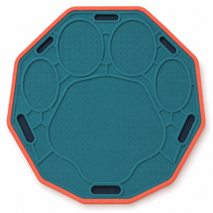 Teal and Coral Multi-Section Dog Feeding Mat – Paw-Shaped Bowl and Textured Licking Area