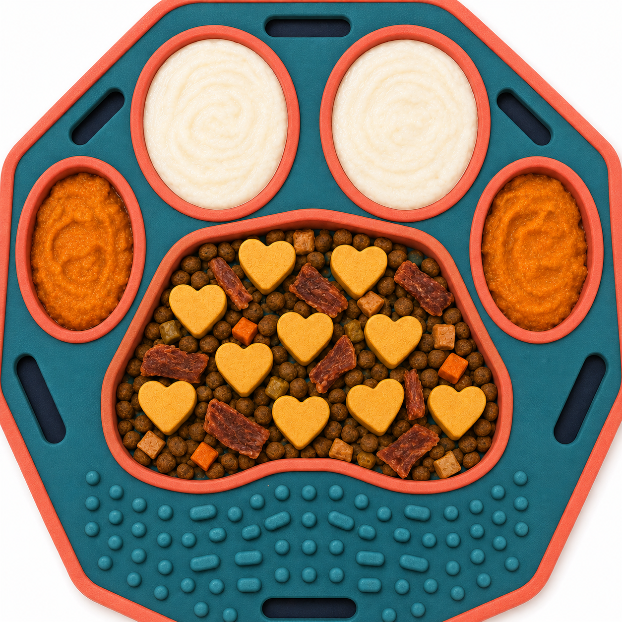 Teal and Coral Multi-Section Dog Feeding Mat – Paw-Shaped Bowl and Textured Licking Area