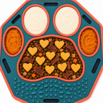 Teal and Coral Multi-Section Dog Feeding Mat – Paw-Shaped Bowl and Textured Licking Area