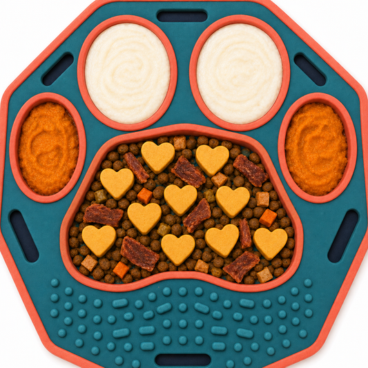 Teal and Coral Multi-Section Dog Feeding Mat – Paw-Shaped Bowl and Textured Licking Area
