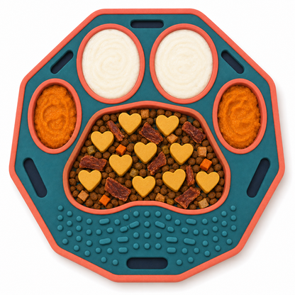 Teal and Coral Multi-Section Dog Feeding Mat – Paw-Shaped Bowl and Textured Licking Area