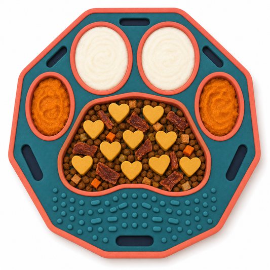 Teal and Coral Multi-Section Dog Feeding Mat – Paw-Shaped Bowl and Textured Licking Area